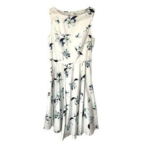 Anni Coco Dress Fit Flare Stretch Sleeveless Retro White Blue Floral Size Medium
